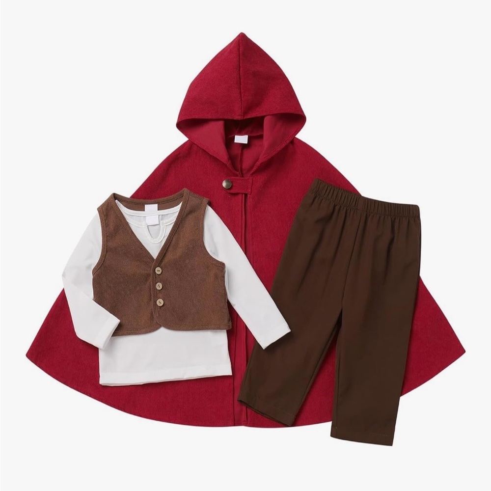 12-18 Months Medieval Red Hooded Cape with Brown Vest & Pants - Used once